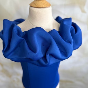 Royal blue top Pageant outfit Girls neoprene top scuba neoprene Custom pageant girls ruffles unique top photo session shoulder off outfit
