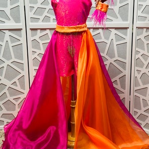 Orange hotpink sparkly jumpsuit skirt Pageant runway outfit Girls sequins romper feather fun fashion wear Custom unique party sparkly wear