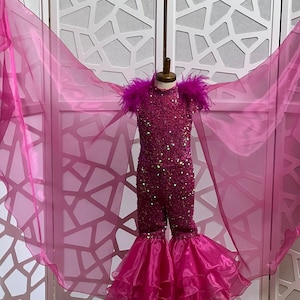 Hot pink sparkly jumpsuit Pageant outfit Girls sequins organza Fun fashion girls jumpsuit Custom pageant party glitter fluffy feather romper