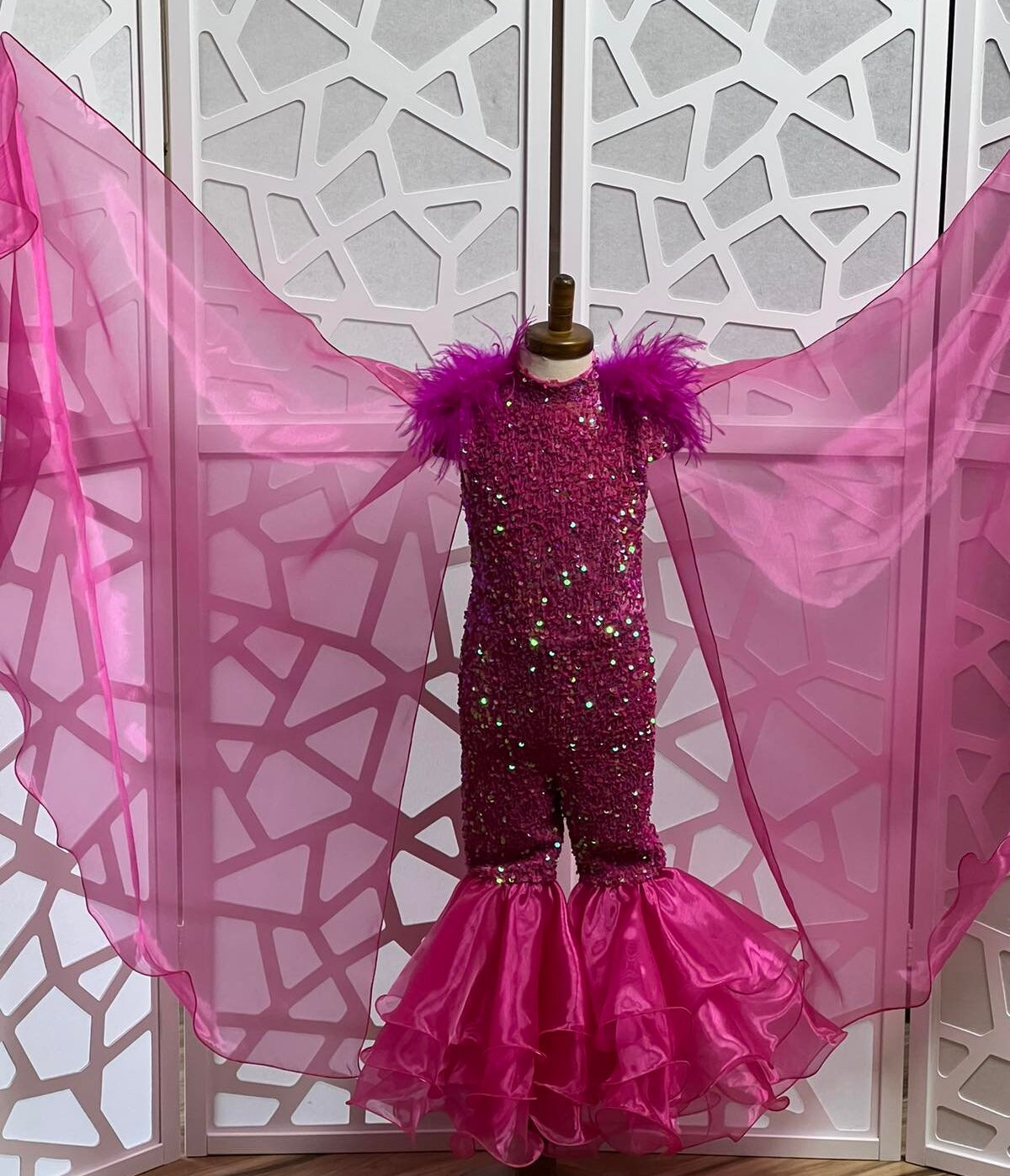 Hot pink sparkly jumpsuit Pageant outfit Girls sequins organza Fun fashion girls jumpsuit Custom pageant party glitter fluffy feather romper
