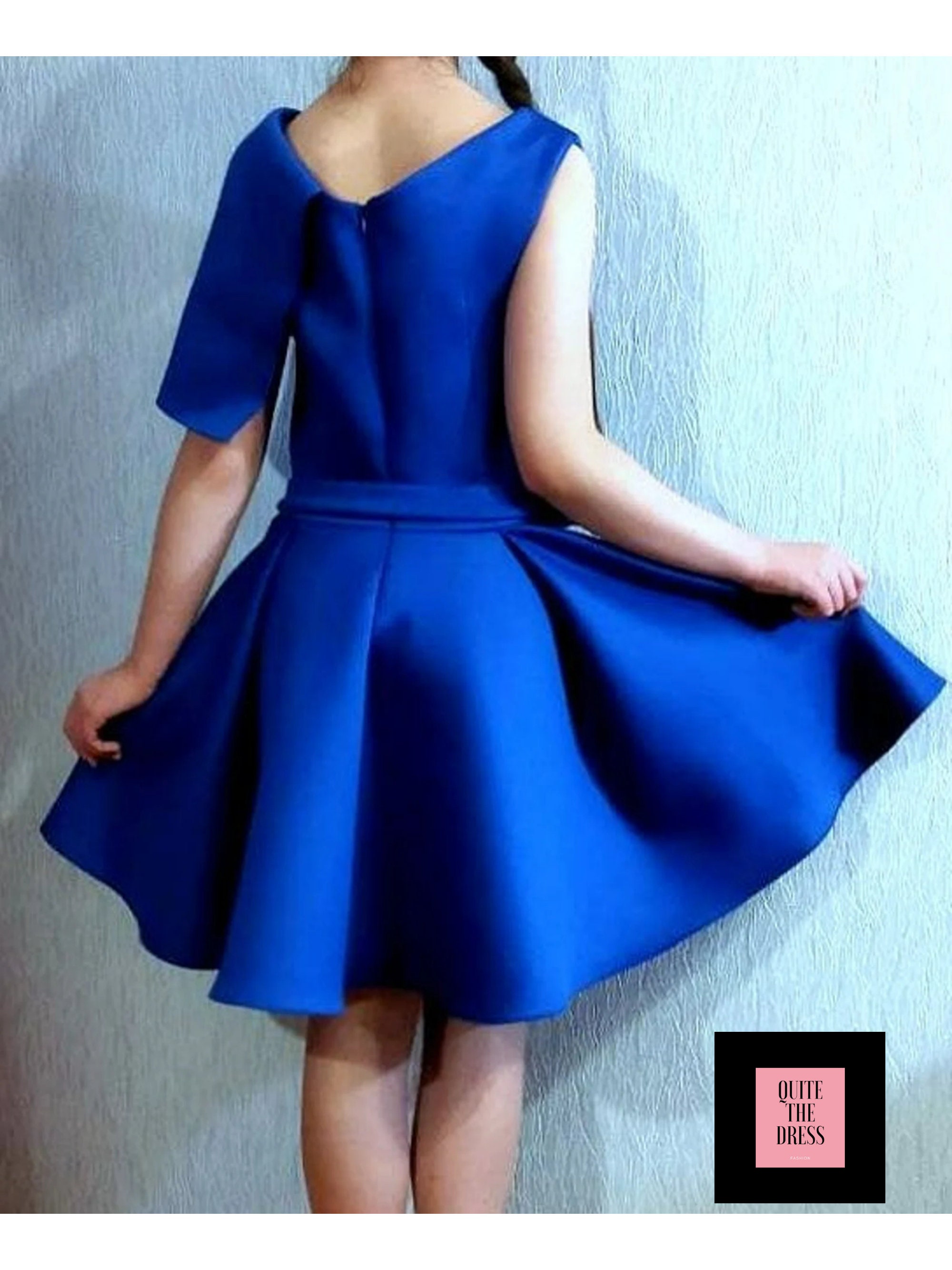 QuiteTheDress Royal Blue Interview Pageant Dress with Belt Girls Neoprene Fluffy Wear Casual Scuba Unique Girls Outfit Custom Cocktail Scuba Blue Dress