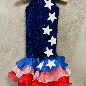 Red White Blue jumpsuit Pageant Fun Fashion girls sequins sparkly patriotic outfit Custom pageant RWB ruffles romper bell bottom wear