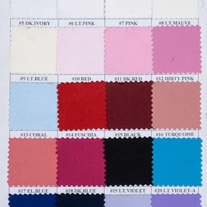 May include: A color swatch chart featuring twenty fabric samples in various shades. Colors range from white and ivory to pink, red, blue, and black. Each swatch is labeled with a number and color name, such as "Nice White" and "Lt. Pink."