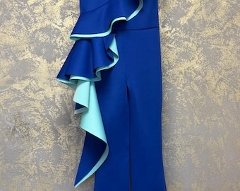 Royal blue interview outfit Pageant ruffle outfit Girl neoprene mint aqua royal blue casual girls jumpsuit Custom pageant scuba girls romper