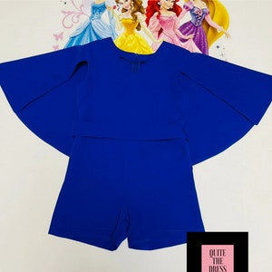 Royal blue casual jumpsuit Pageant blue outfit Girls cape romper Girls were Custom pageant blue outfit Belt girls romper Royal blue romper