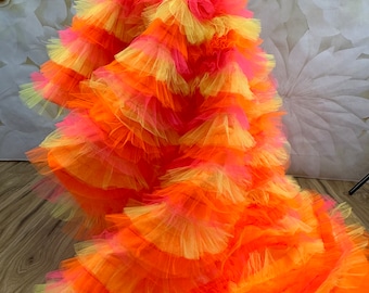 Orange yellow pink tulle mesh Pageant runway skirt Girls neon colors waist cape  fun fashion girls wear Custom pageant party girls skirt