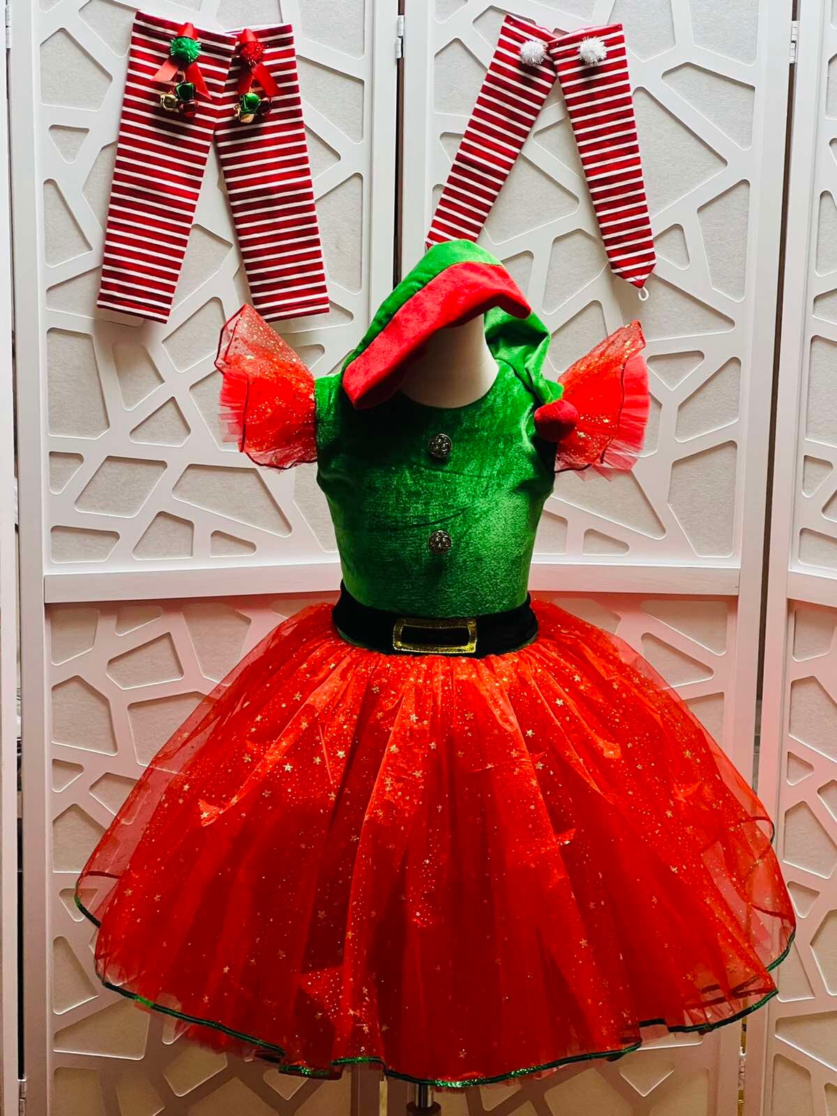 Kids Girls Christmas Elf Dress Clothes Set Long Sleeve Round...