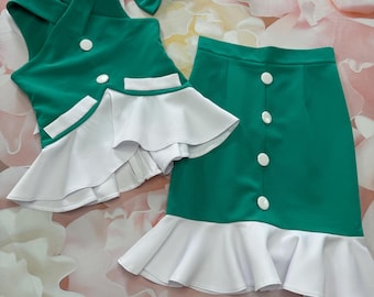 Teal white interview outfit Pageant mint top skirt girls  unique 2 pieces suit turquoise casual were Custom pageant original  girls suit