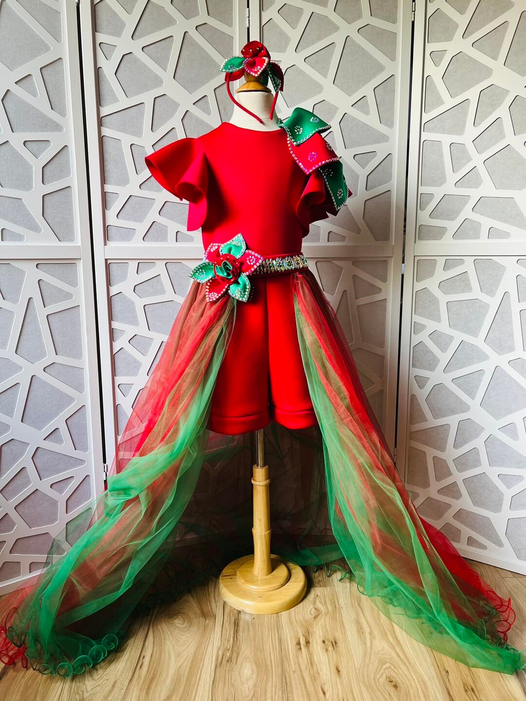Red Green Sparkly Jumpsuit Romper Pageant Runway Outfit Girls