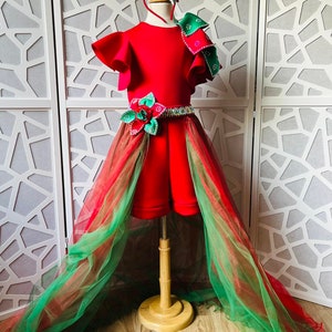red green sparkly jumpsuit romper pageant runway outfit girls unique shinestone christmas fun fashion wear custom scuba green red outfit