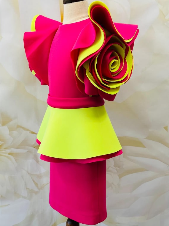 Yellow Hot Pink Interview Suit Pageant Pink Outfit Girls Neoprene Peplum  Dress Fuchsia Custom Girls Ruffles Basque Unique Casual Dress - Etsy New  Zealand