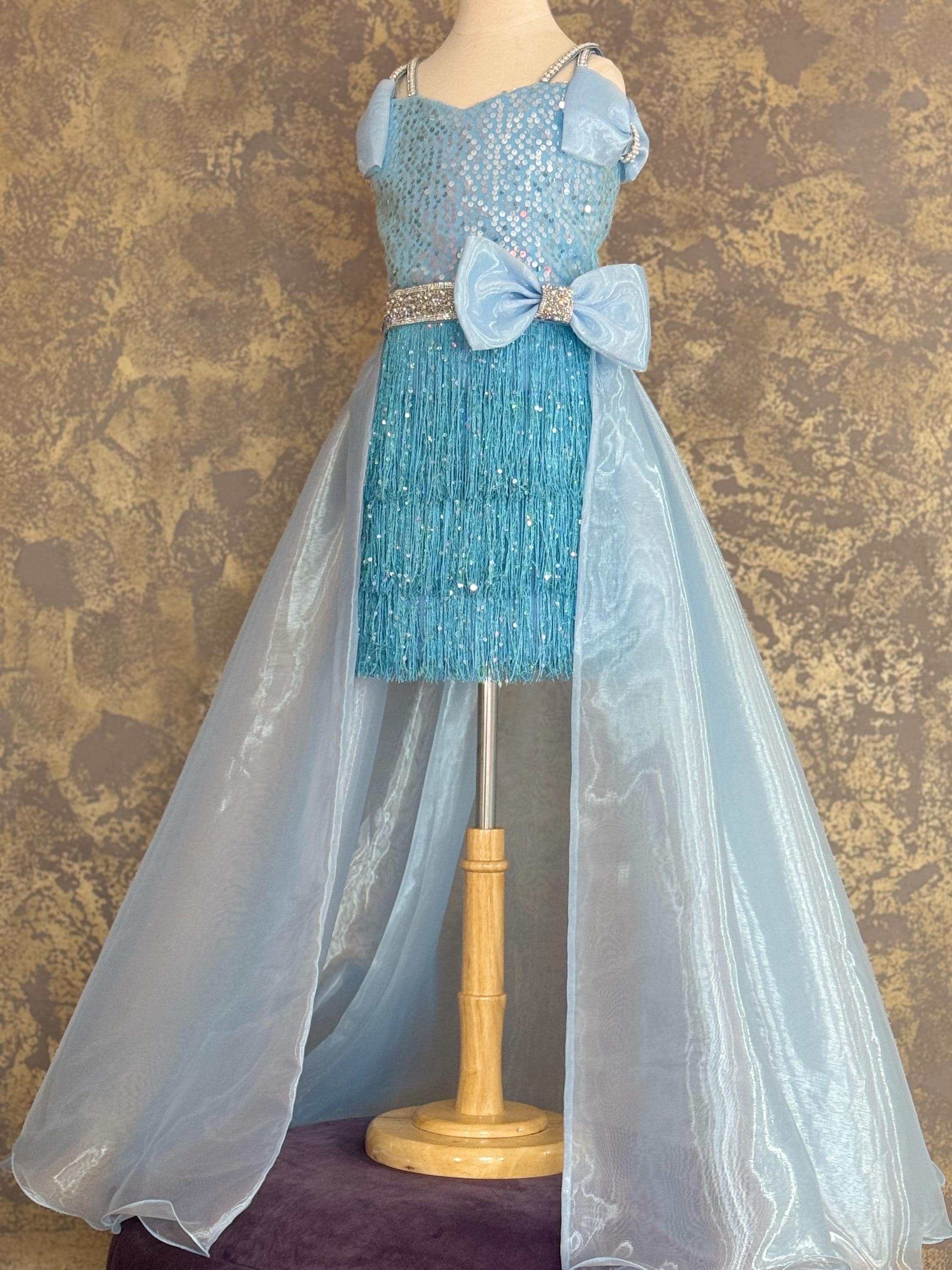 Fun Fashion outfit Sequins light Blue girls outfit Pageant runway Pageant outfit with train Custom baby blue sparkly dress with fringes