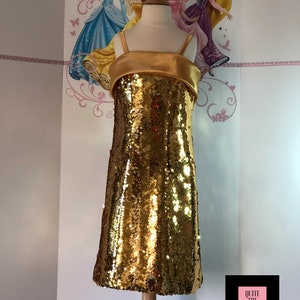 Gold cocktail Casual Pageant girls dress with sequins Pageant Flower gold outfit Custom Easter gold dress Fun fashion Holiday girls dress