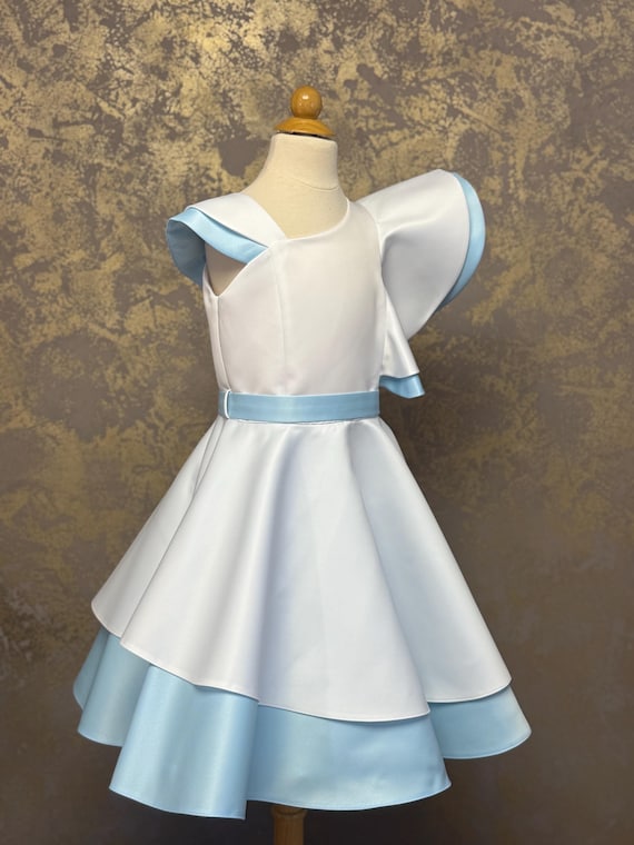 dress white top blue bottom Light Satin Interview Pageant Dress Unique Girls Satin Dress Pageant Outfit Custom Dress Cocktail Opening Number Dress Bride