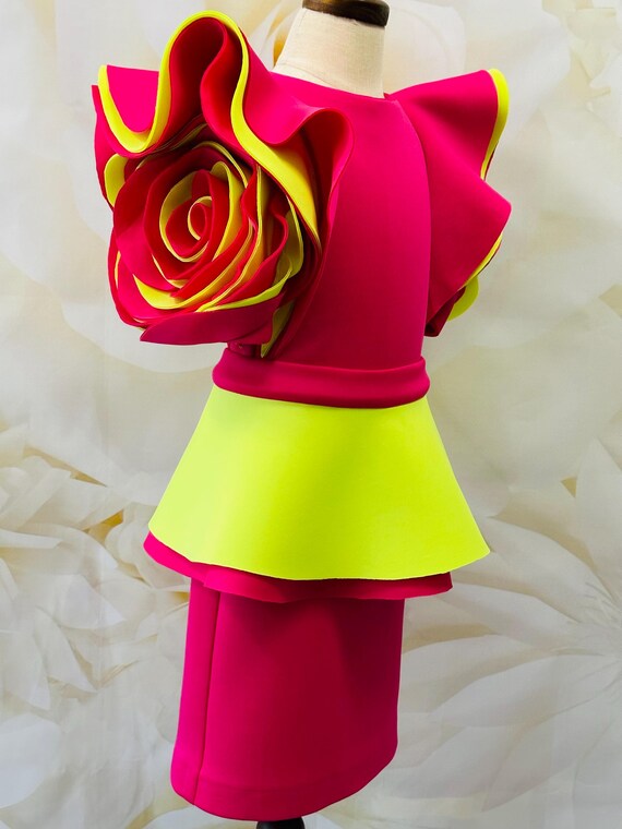 hot pink interview dress Yellow Suit Pageant Pink Outfit Girls Neoprene Peplum Fuchsia Custom Girls Ruffles Basque Unique Casual Dress Ring Bearer