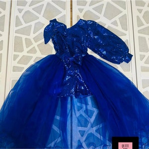 Fun Fashion Sequins Royal Blue girls outfit Pageant runway Pageant outfit with train Custom Royal blue sparkly romper jumpsuit tulle skirt