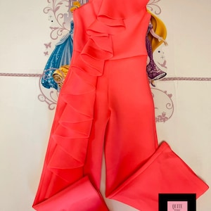 Neon Orange Pageant Fun Fashion girls outfit neoprene jumpsuit with body and legs ruffles Orange Custom pageant girls romper with ruffles