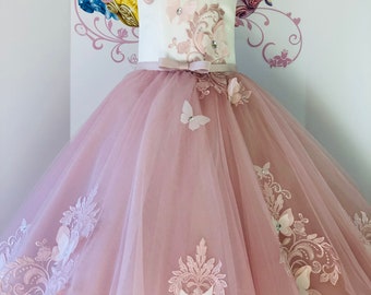 Rose gold pink girls dress Pageant Prom dress Girls pink ball gown Party Birthday girls dress Custom girls dress Pageant outfit White dress