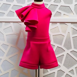 hot pink jumpsuit romper pageant outfit girls neoprene casual wear pink girls ruffles custom unique romper scuba girls shorts fashion romper