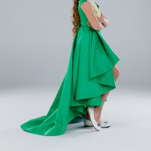 Green pageant fun fashion outfit with train High low pageant dress Fun fashion Party Holiday Unique Couture Custom pageant girls gown wear