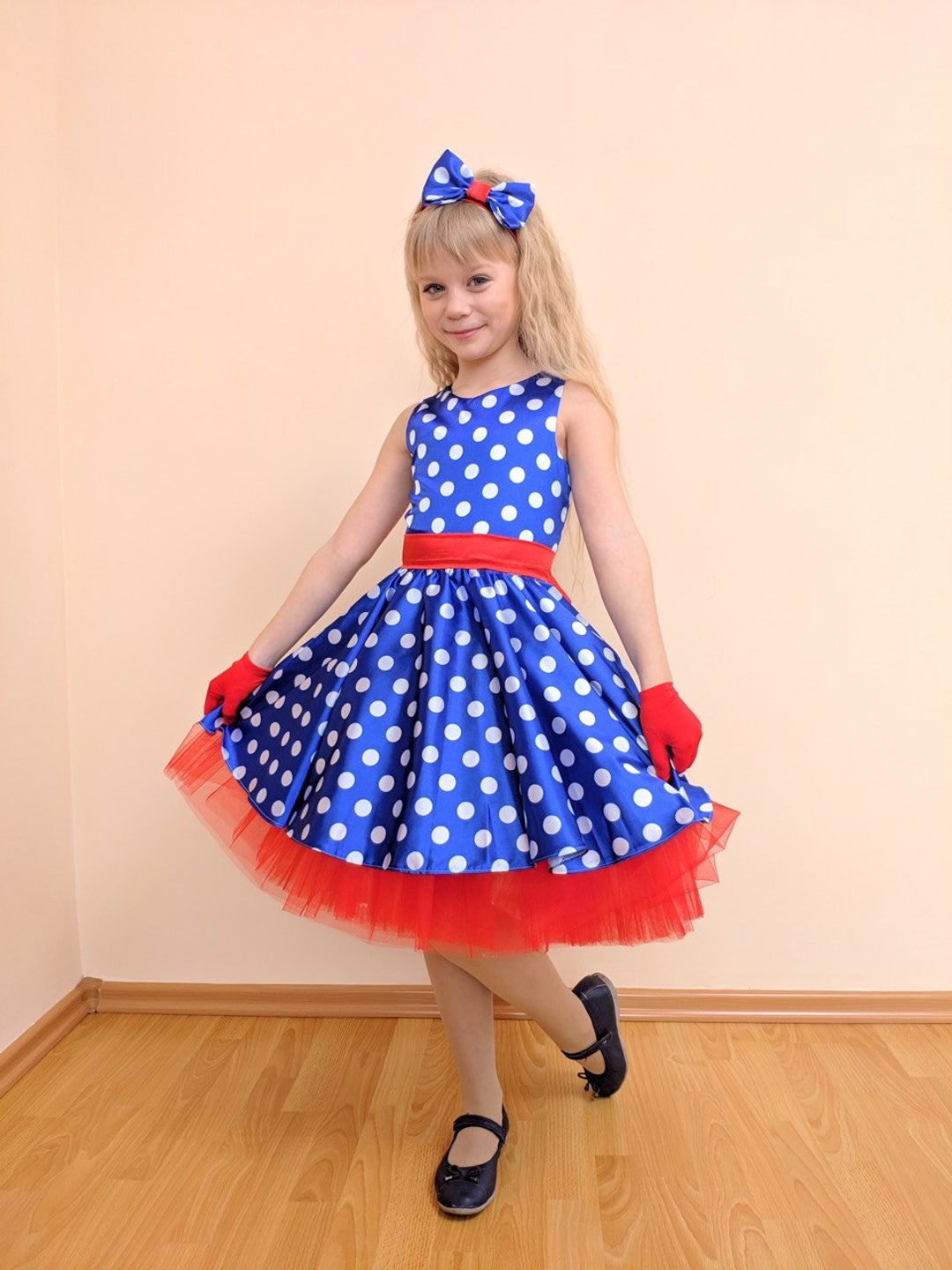Red White Blue Girls Dress Polka Dot Dress Party Birthday Holiday Pageant Interview Cocktail Dress Fun Fashion Casual Girl Dress RWB Wear