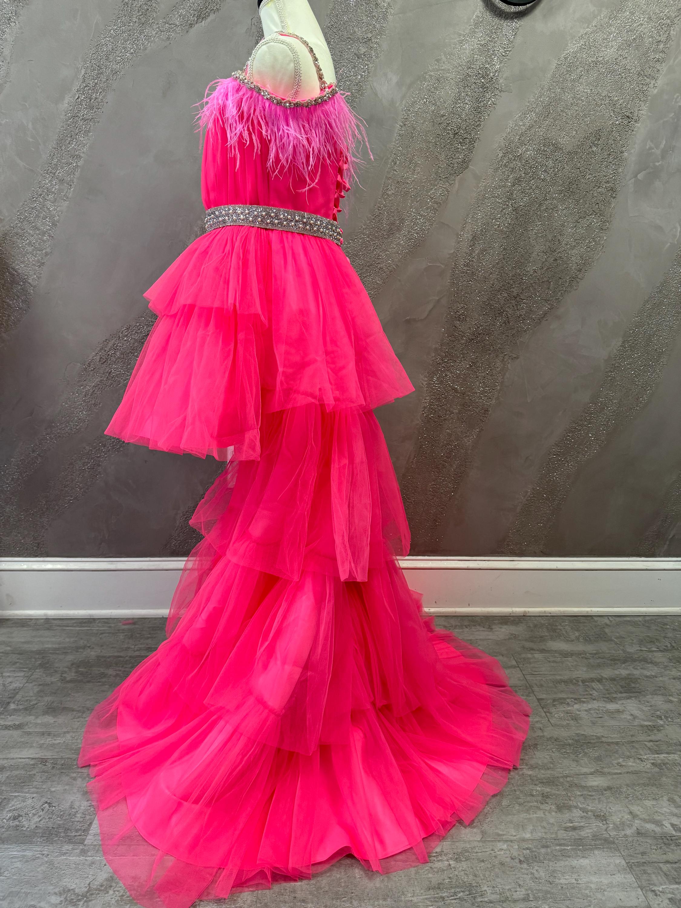 Extravagant couture girls dress high low fashion pageant outfit Custom girls wear Fun Fashion Hot Pink dress Princess Pageant girls dress