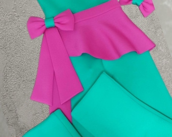 Unique mint hot peplum outfit Pageant Girls neoprene casual wear peplum romper teal mint girls scuba wear Custom pageant party sleeve suit