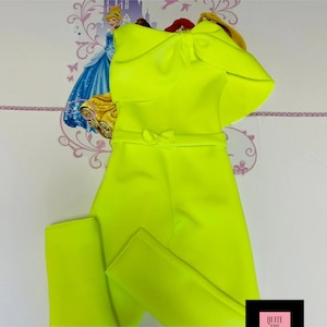 Yellow Pageant Interview girls outfit Bright yellow neoprene jumpsuit Yellow Green Custom pageant girls scuba romper Unique Pageant wear