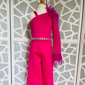 Hot Pink jumpsuit romper Pageant outfit Girls neoprene sleeve casual wear Feather pink girls fun fashion Custom unique sparkly sleeve romper