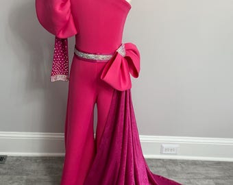 Divertente moda, abito rosa shocking per ragazze, abito da sfilata rosa, abito da sfilata con strascico, abito da tutina personalizzato con fiocco di cristalli, abito unico