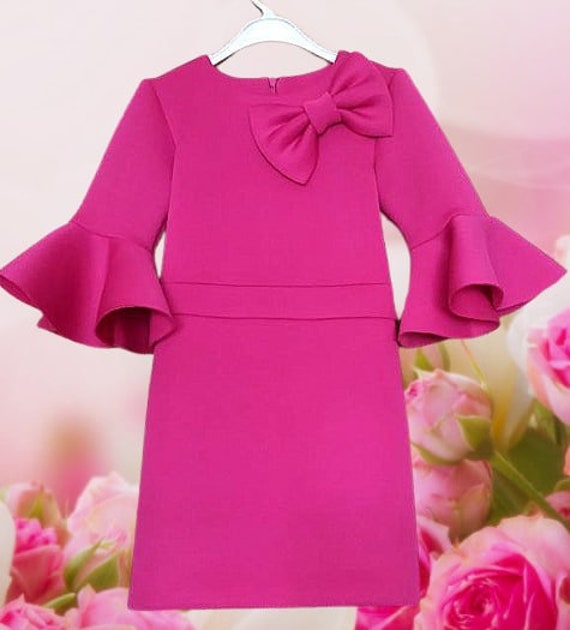 Hot Pink interview Pageant dress with sleeve Girls Casual neoprene scuba sleeves wear Hot Pink ruffles Unique Custom Pageant sleeves dress Hot Pink interview Pageant dress with sleeve Girls Casual neoprene scuba sleeves wear Hot Pink ruffles Unique Custom Pageant sleeves dress