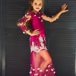 May include: A young girl wearing a pink and white dress with a tulle skirt and floral embellishments. The dress has a fitted bodice and long sleeves. The girl is standing in front of a dark wooden slatted wall.