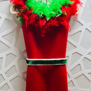 Christmas outfit with feathers christmas jumpsuit pageant red green girls wear party holiday christmas OOC fun fashion outfit unique wear