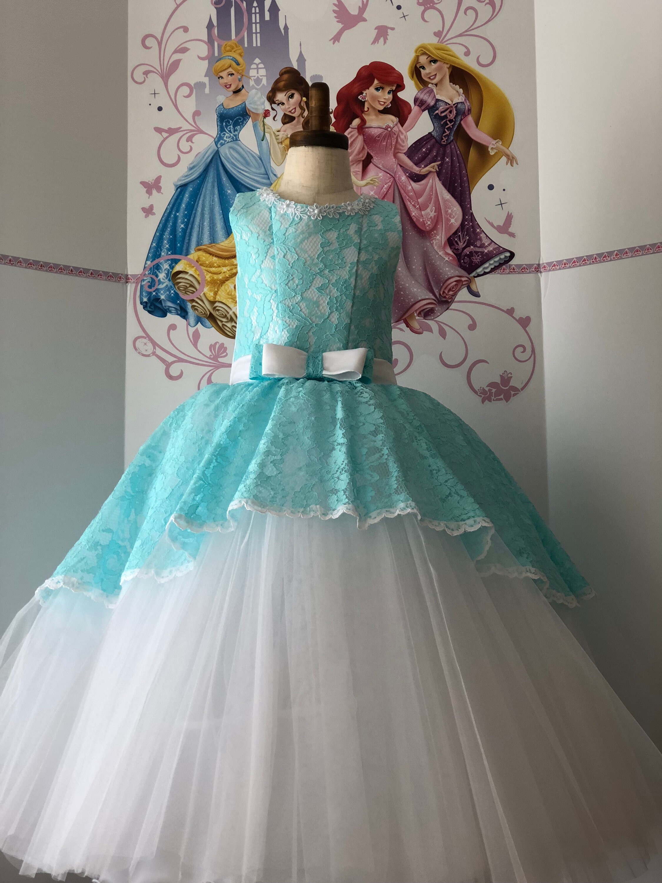 Mint Aqua White Pageant Lace Girls Dress Ball Gown Party Birthday Holiday Wedding Flower Outfit Custom Prom Dress