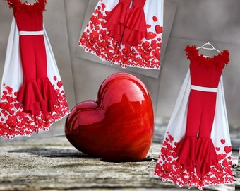 Fun Fashion Vestito da ragazza rosso bianco Vestito da sfilata con stampa di cuori da spettacolo Tutina con fondo a campana con strascico Vestito personalizzato per San Valentino da ragazza