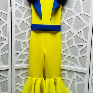 Royal blue yellow interview jumpsuit Pageant royal blue outfit Girls neoprene jumpsuit Blue fun fashion  Custom pageant girls ruffles romper