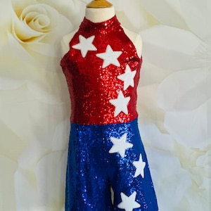 Red White Blue jumpsuit Pageant Sparkly girls sequins patriotic outfit Custom pageant RWB romper unique patriotic wear Pageant 4th of July