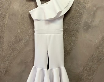 White Interview Jumpsuit Pageant Ruffles Outfit Girls Neoprene