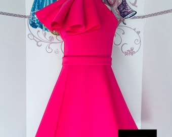 Hot pink interview Pageant dress with belt Girls neoprene fluffy dress Casual scuba pink girls outfit Custom pageant Cocktail ruffles dress