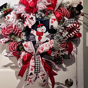 Snowman Christmas Winter Wreath For Front Door, Christmas Decor, Red Winter Wreath,