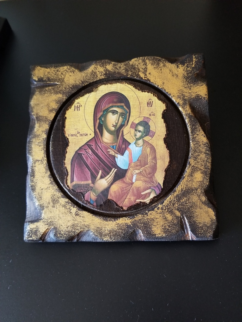 handmade wooden icon of PanagiaMother of Jesus craft Christeningbaptism and wedding favors with antique