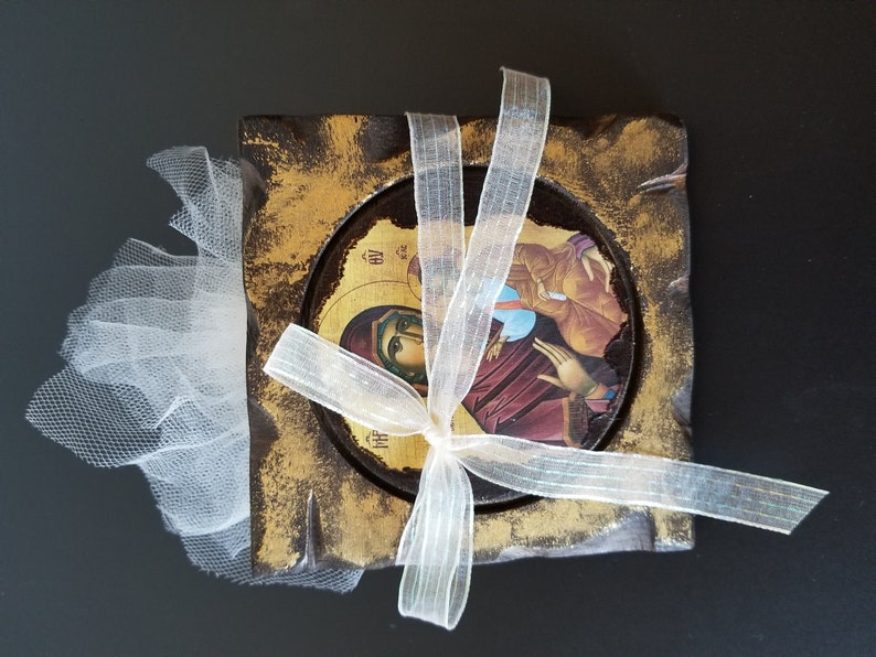handmade wooden icon of PanagiaMother of Jesus craft Christeningbaptism and wedding favors with antique
