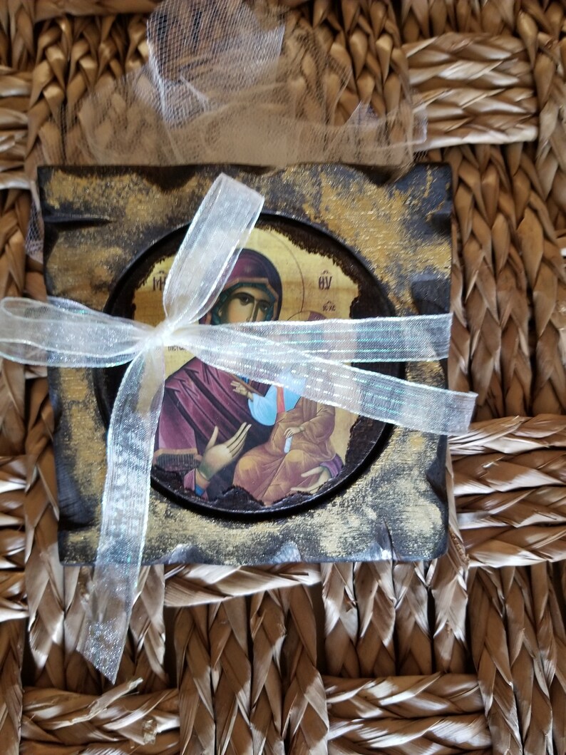 handmade wooden icon of PanagiaMother of Jesus craft Christeningbaptism and wedding favors with antique