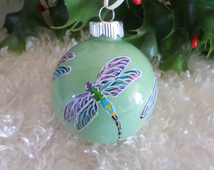 green glass Christmas ornament Hand painted dragonfly ornament dragonfly gift