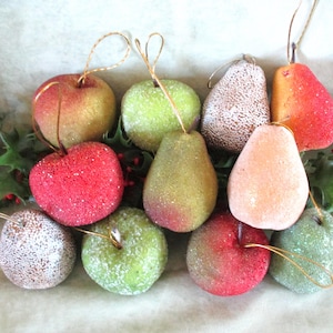 Vintage sugar beaded fruit ornaments, 11 pieces artificial fruit, apples, and pears, faux fruit