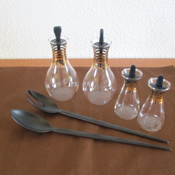 Vintage Pyrex salad set, 2 oil and vinegar cruets, salt and pepper shakers, salad fork and spoon