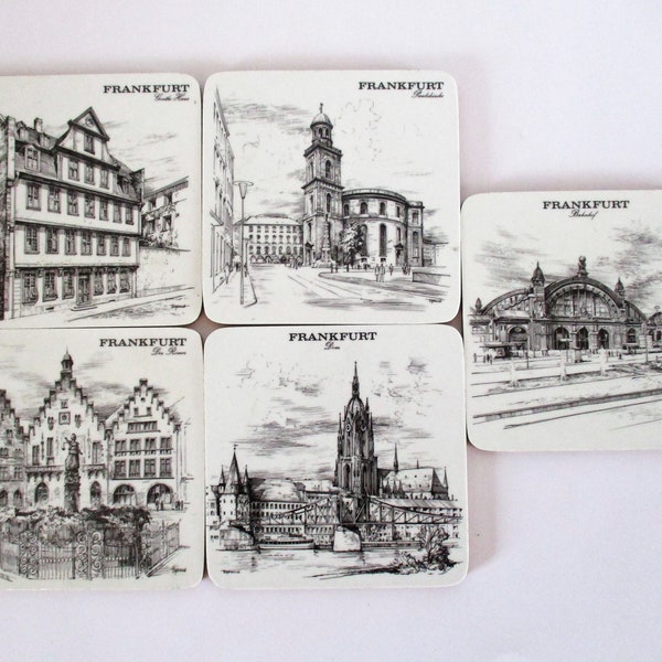 Set of 5 vintage coasters, Schuberth drink coasters, landmarks of Frankfurt Germany