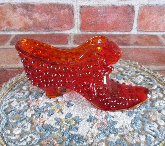 Vintage Fenton Red Glass Shoe, Hobnail Amberina Glass Cat