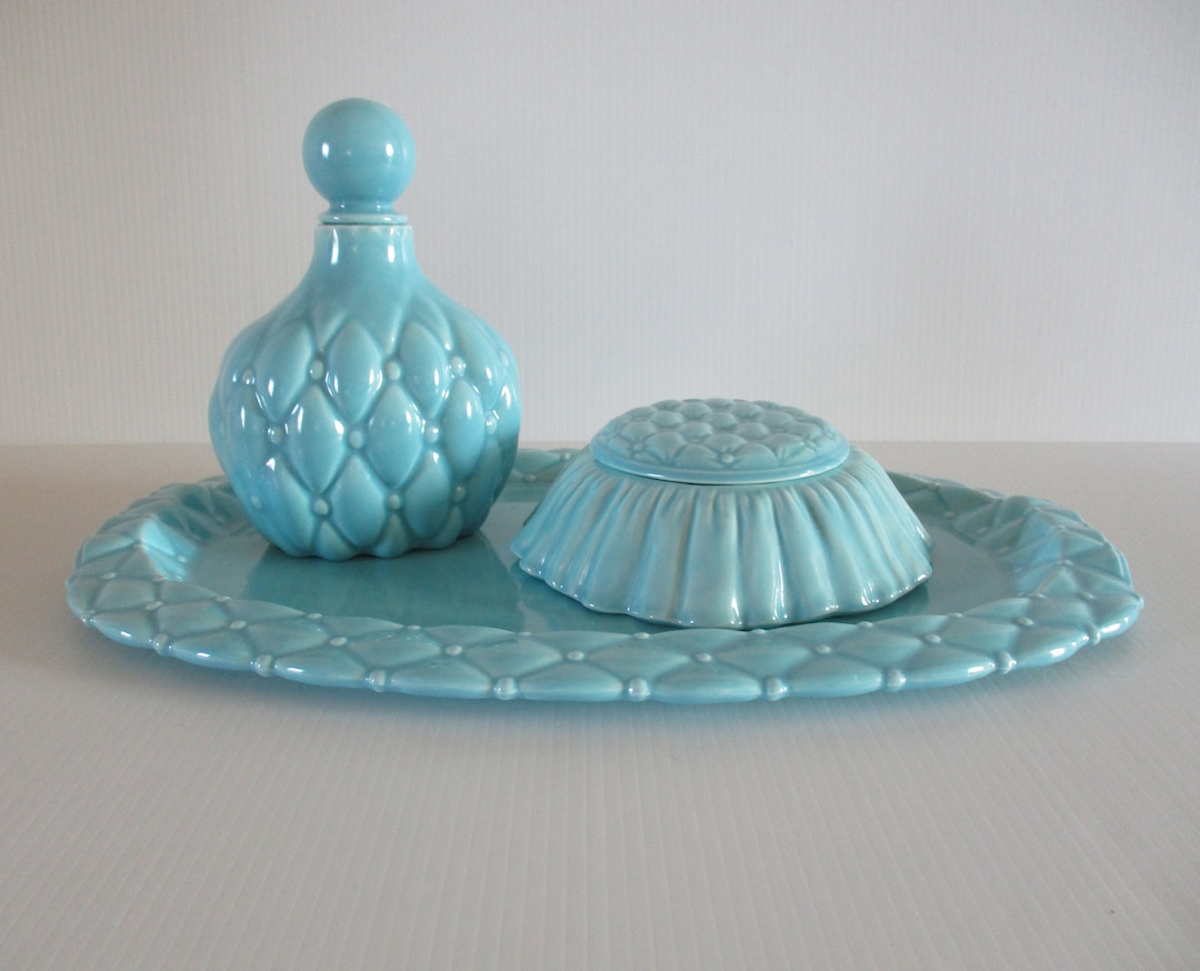 Vintage Powder Blue Ceramic Vanity Set, Dresser Tray Set by Arnel's and