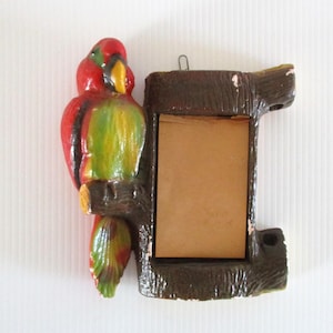 May include: A wall-mounted memo holder featuring a sculpted red, green, and yellow parrot perched on a brown textured tree branch. The rectangular center section contains a stack of plain tan paper sheets for notes, with a small metal hanging loop.